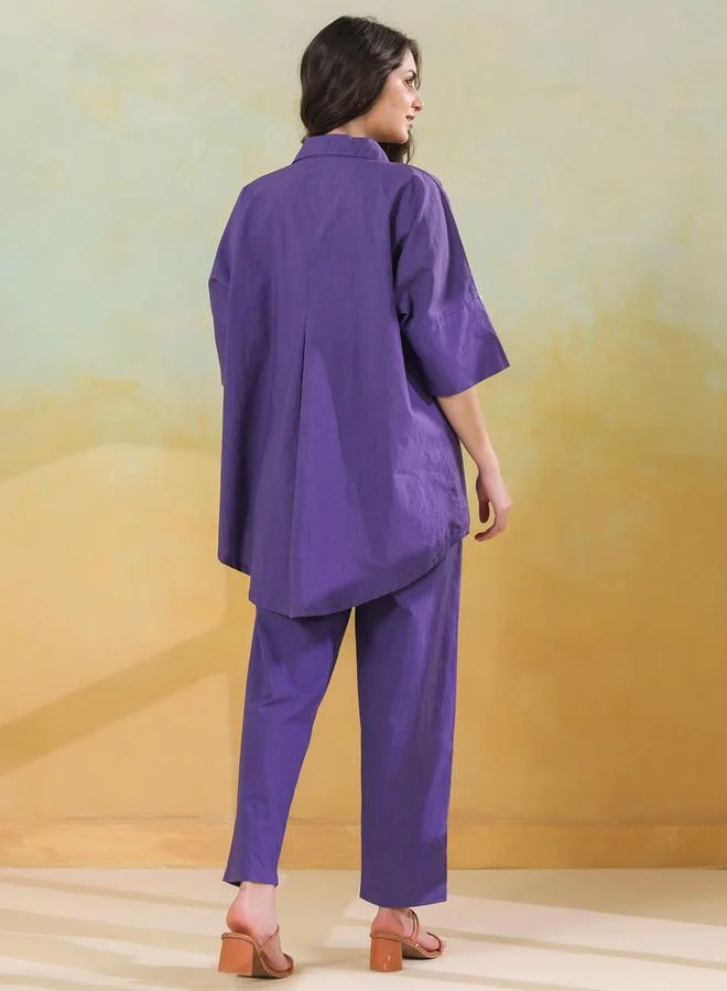 sanskrutihomes Women Purple Embroidered Shirt with Trousers Co-Ords